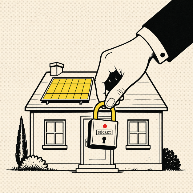 Maison équipée d'un panneau solaire dont l'entrée se referme sous un cadenas administratif.