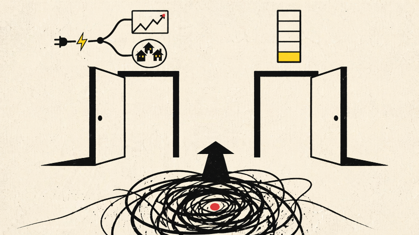 Deux portes réglementaires possibles au-dessus d'une flèche montant depuis un chaos initial.